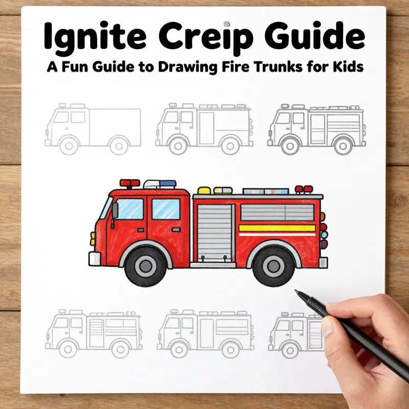 Step-by-step illustration guiding kids in drawing a fire truck.