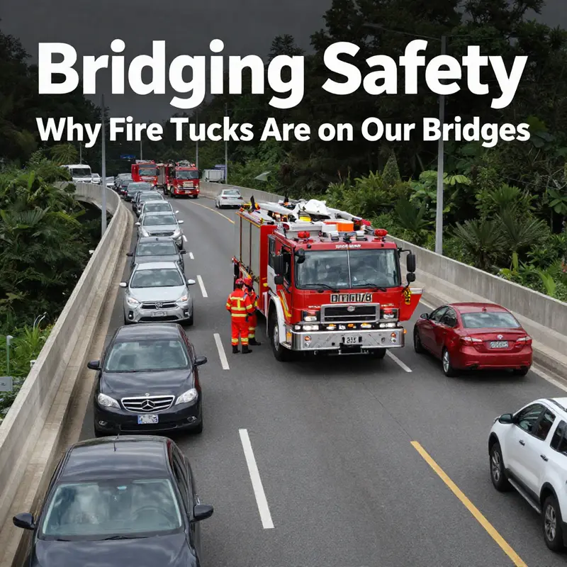 Fire truck ready for response on a bridge, ensuring safety and quick access during emergencies.