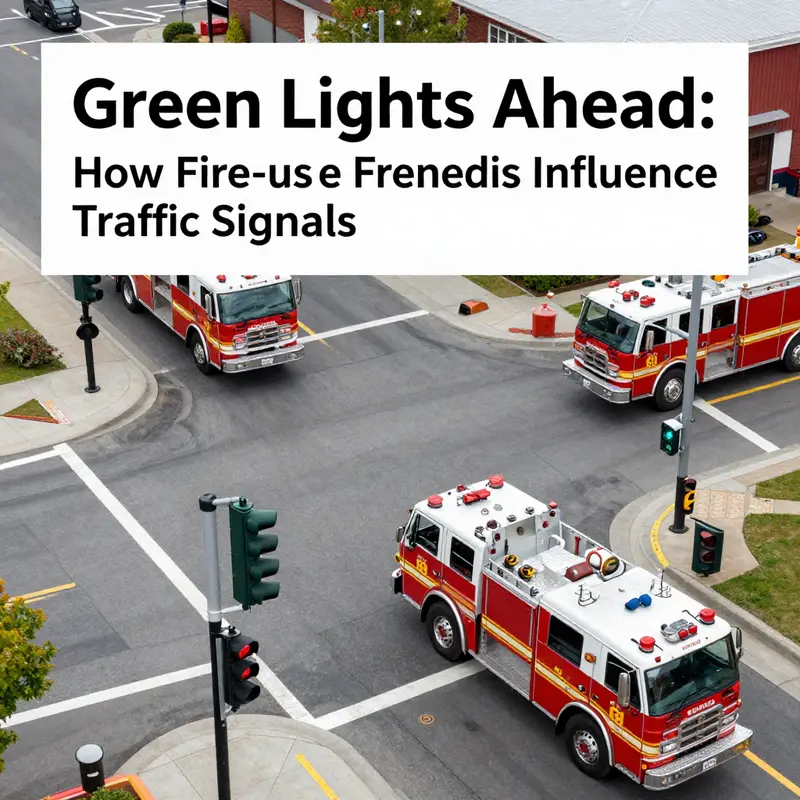 A fire truck signals an intersection where the traffic light is changing to green, demonstrating the technology in action.