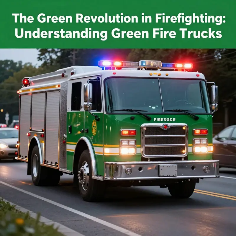 A modern green fire truck emphasizing its unique design and essential firefighting equipment.