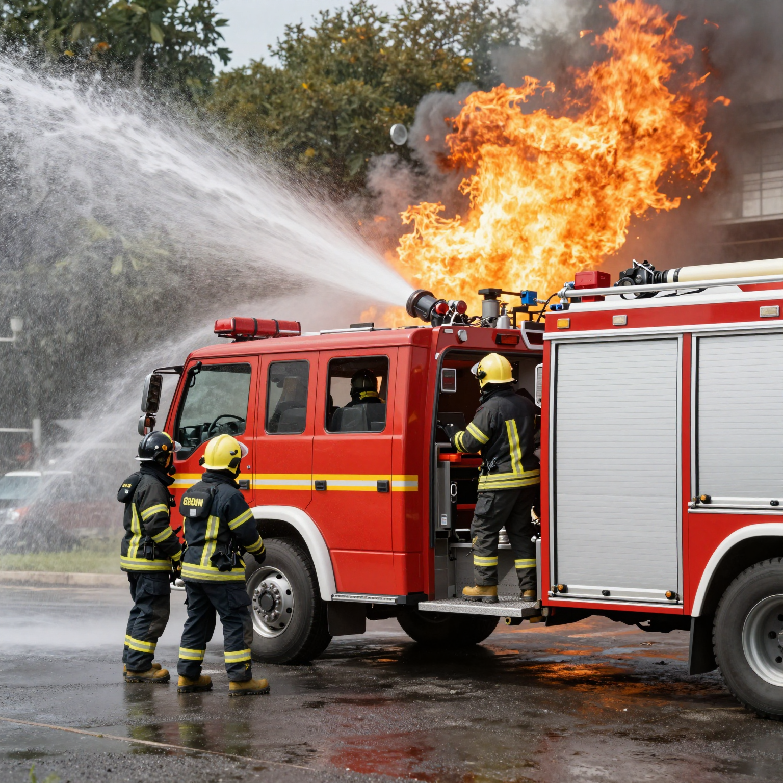 Fire truck in action, fighting a fire