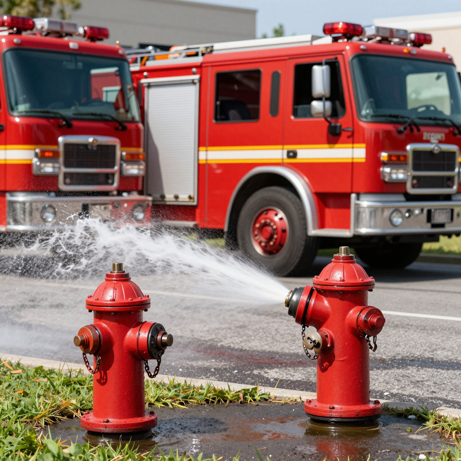 A fire truck in action, pumping water into a fire.