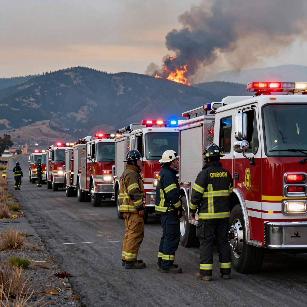 Oregon fire trucks at the California border with flashing emergency lights.