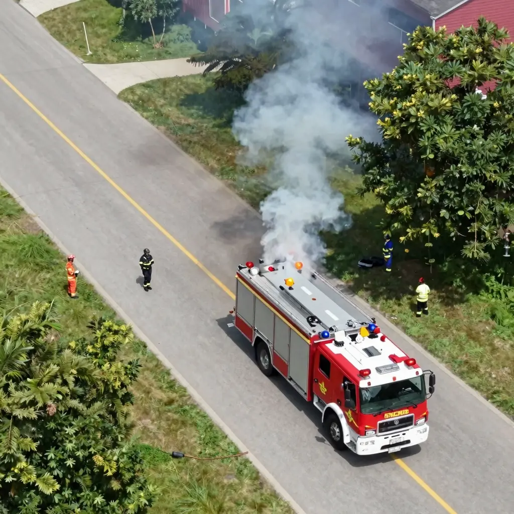 Aerial view of fire trucks in action during an emergency response