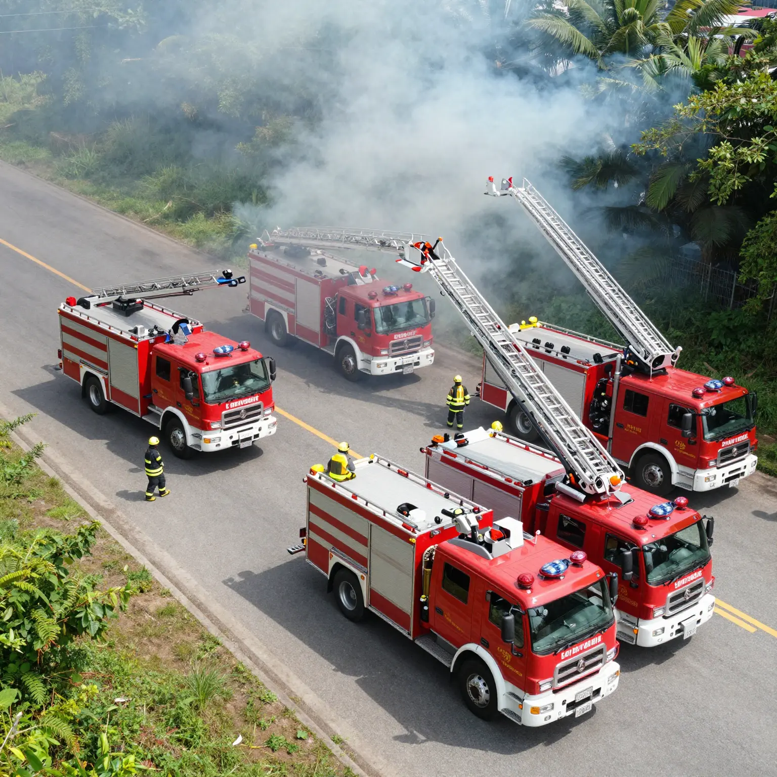 Aerial view of fire trucks responding to a fire scene