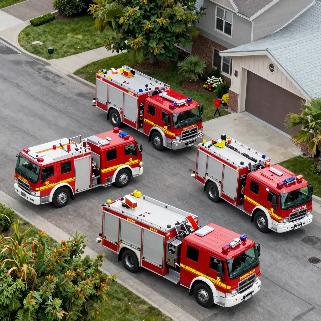 Aerial fire trucks responding to an emergency