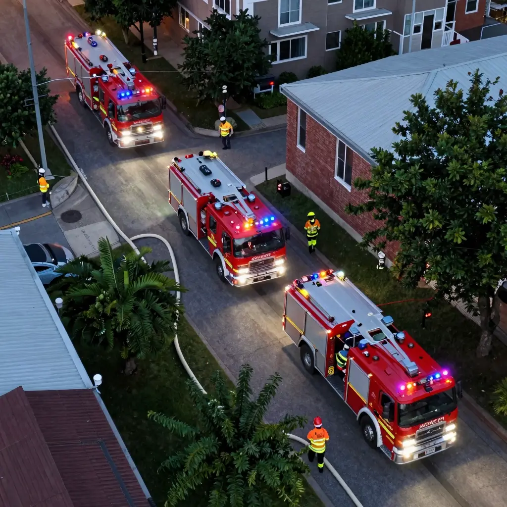 Aerial view of fire trucks responding to an emergency scene