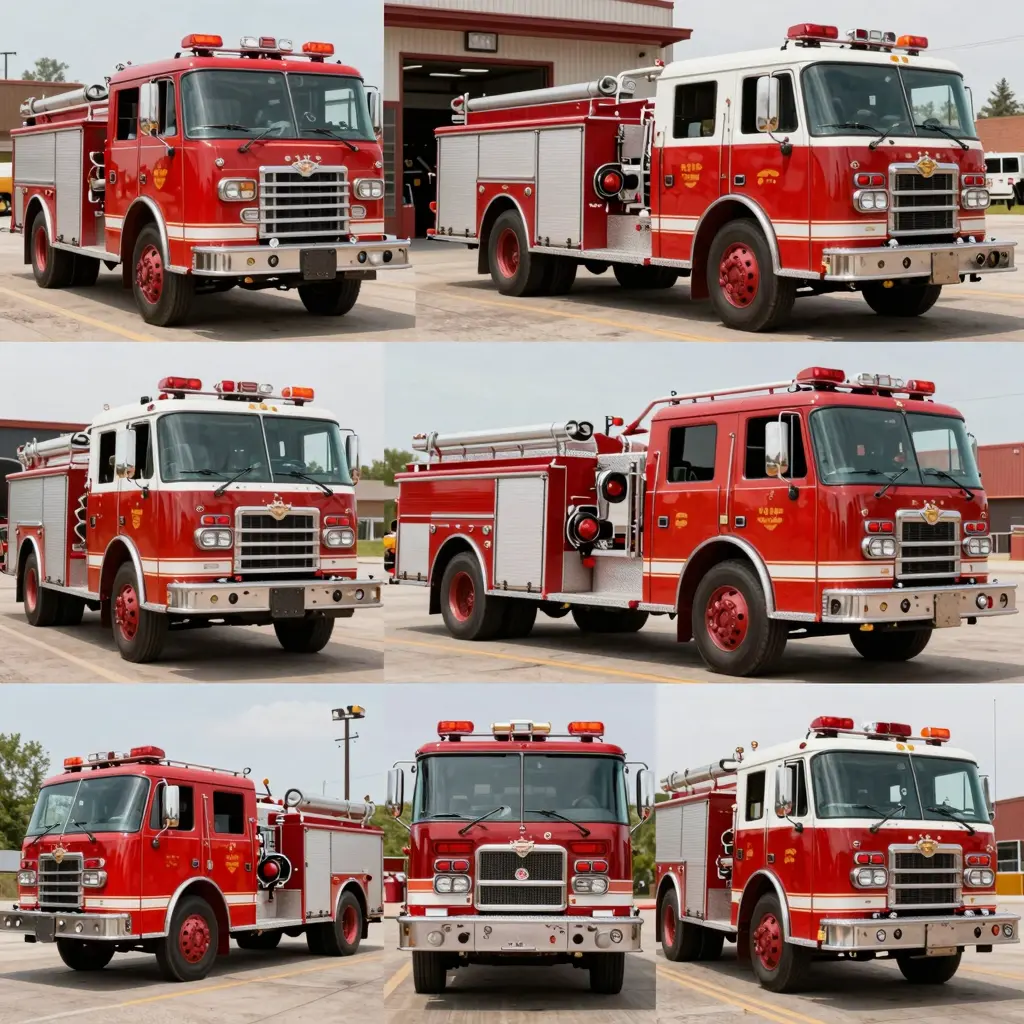 A historical collage of Chevy fire trucks, showcasing different models from various decades, illustrating their evolution in design and technology.