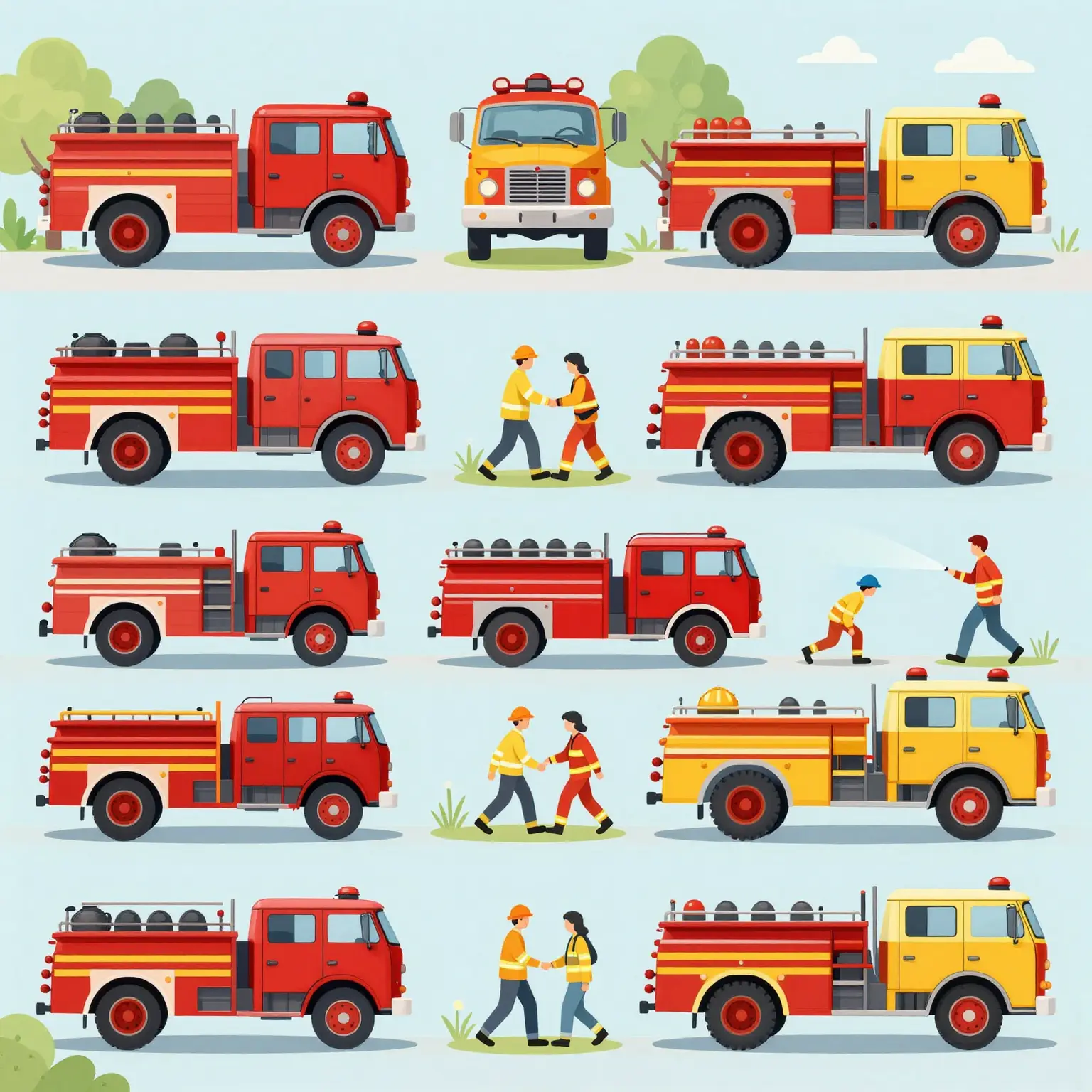Illustration of historical fire truck colors, highlighting red and yellow trucks responding to emergencies in various settings.