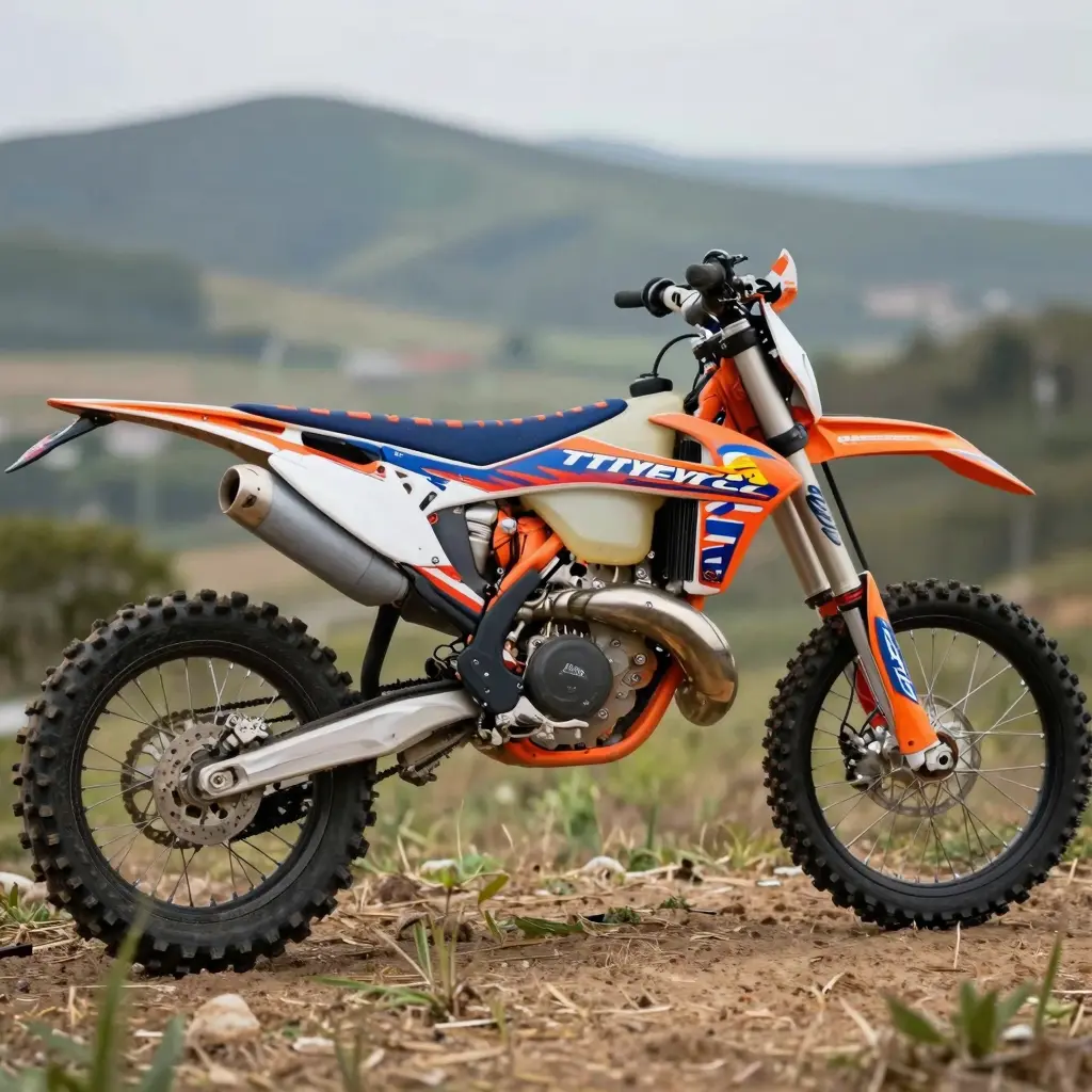 A dirt bike with vibrant graphics applied, showcasing a professional installation