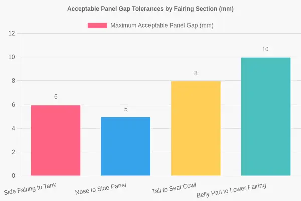 Acceptable panel gap tolerances by fairing section, showing maximum gaps in millimeters