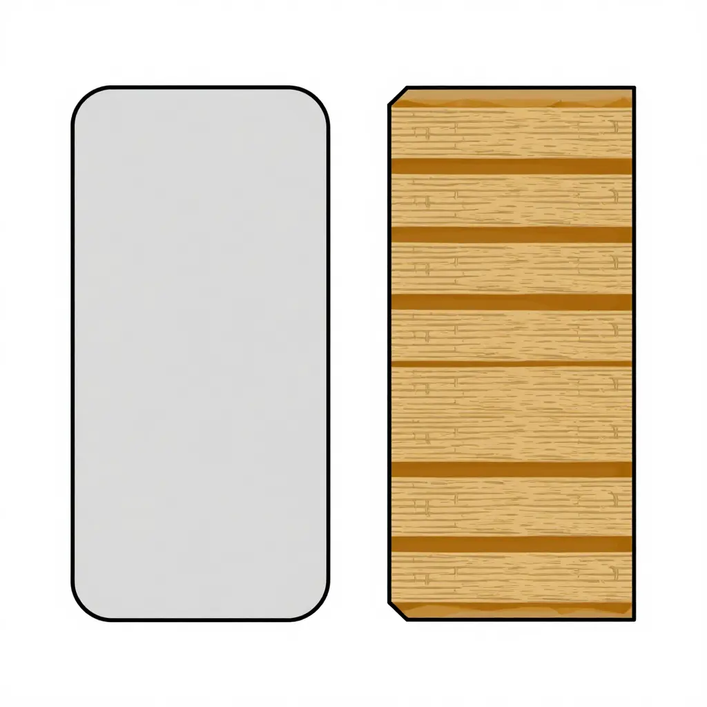 Flat cross-section comparison diagram showing a single thin uniform ABS layer on the left beside a thicker fiberglass panel made of stacked fiber layers embedded in resin on the right