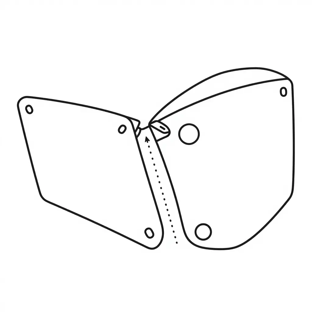 2D line diagram showing how a motorcycle fairing panel tab slides into and seats against a matching grommet and clip alignment point