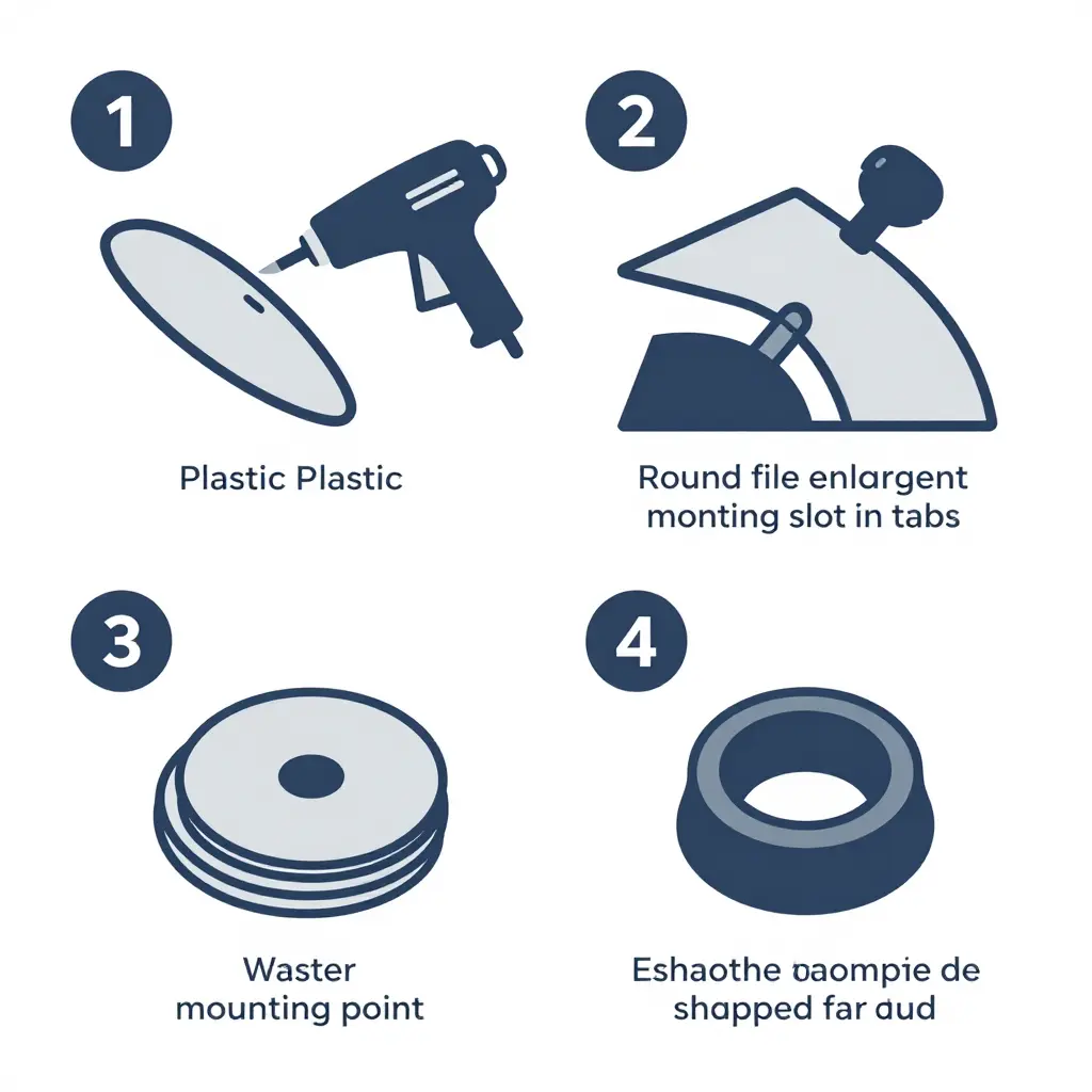 Step-by-step diagram showing four methods to correct misaligned fairing tabs: heat-assisted adjustment, slot filing, shimming, and swapping grommets